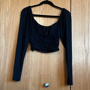 Forever 21 Black Ruched Square Neck Long Sleeve Crop Top